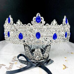 Royal King Crown, Blue Crystal Prince Crown, Vintage Silver Crown, Birthday Gift